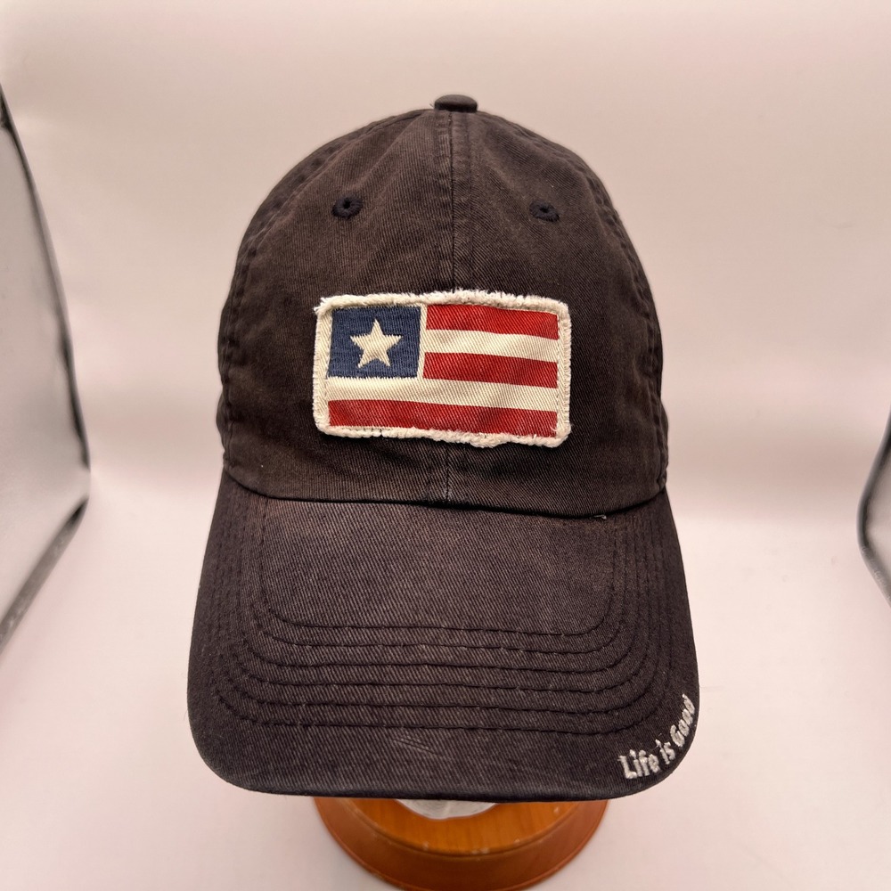 Life is Good Mens Black American Flag Patch Adjustable Baseball Hat Cap